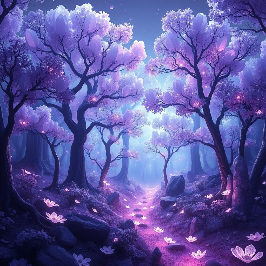 Glowing Amethyst Forest with Whimsical Stamp Motifs