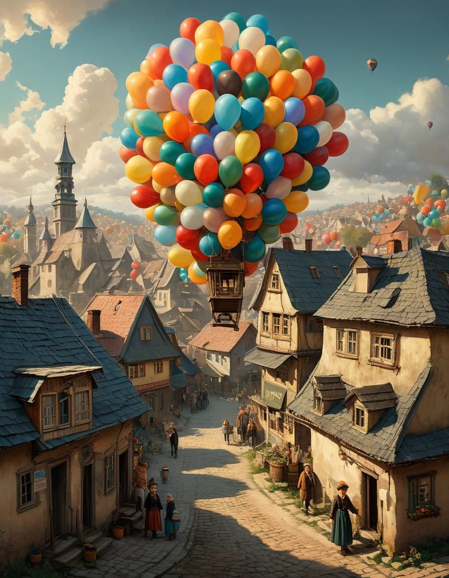 Whimsical Shtetl Ascends with Colorful Balloons