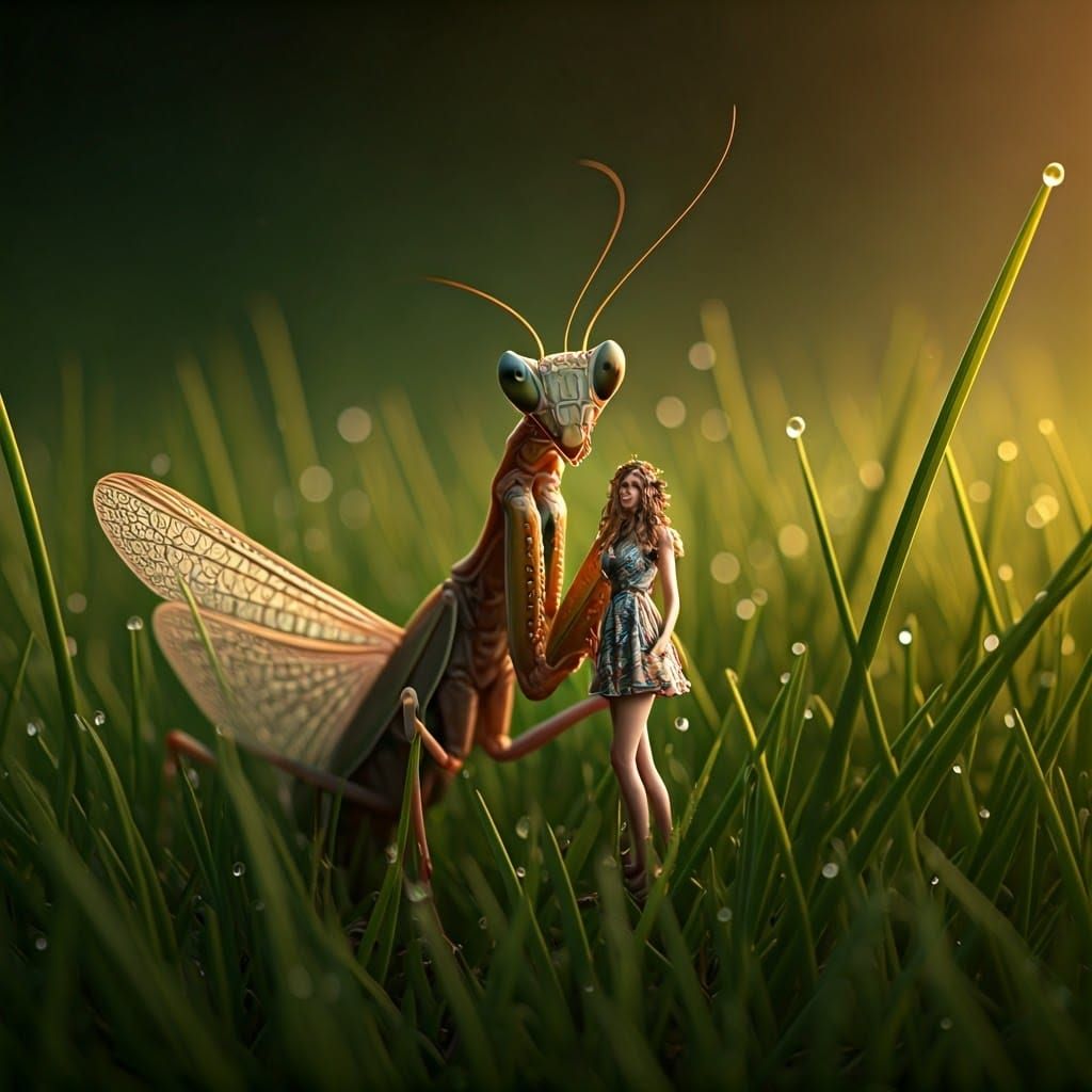 Praying Mantis and Miniature Woman in Dreamlike Macro