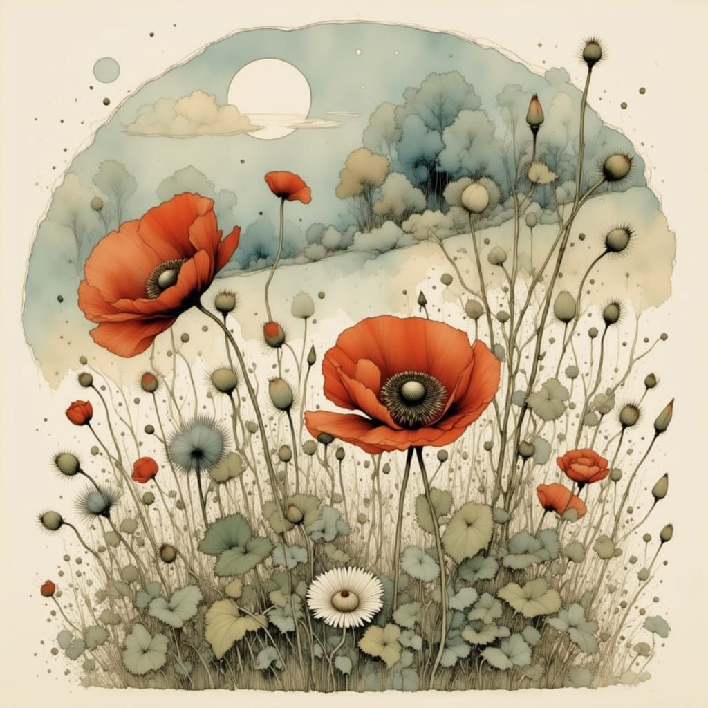 Intricate Poppy Blossom in a Whimsical World
