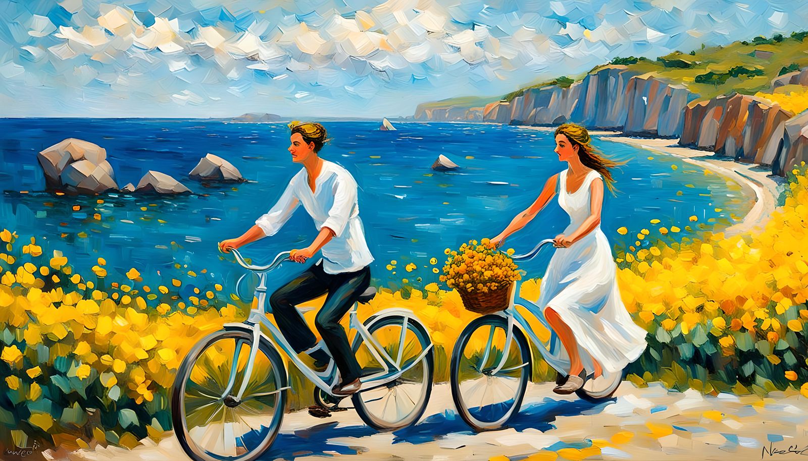 Couple Cycling on Coastal Road, Neo-Impressionist Oil Painti...