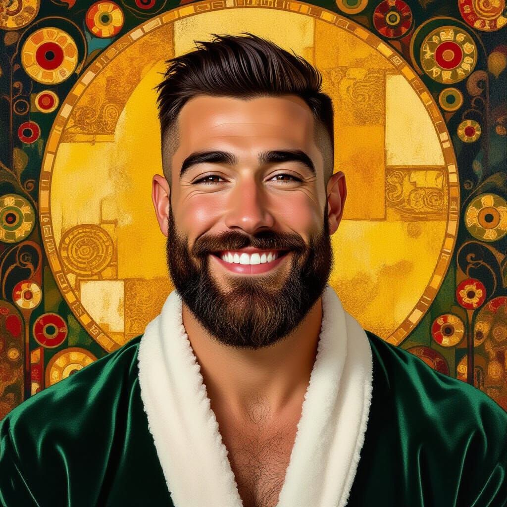 Smiling Man in Green Velvet Robe, Klimt-Inspired Portrait