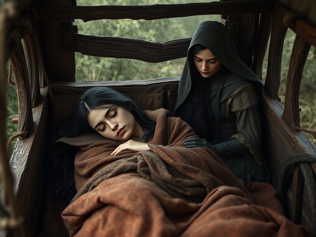 Medieval Maiden Watches Over Sleeping Princess