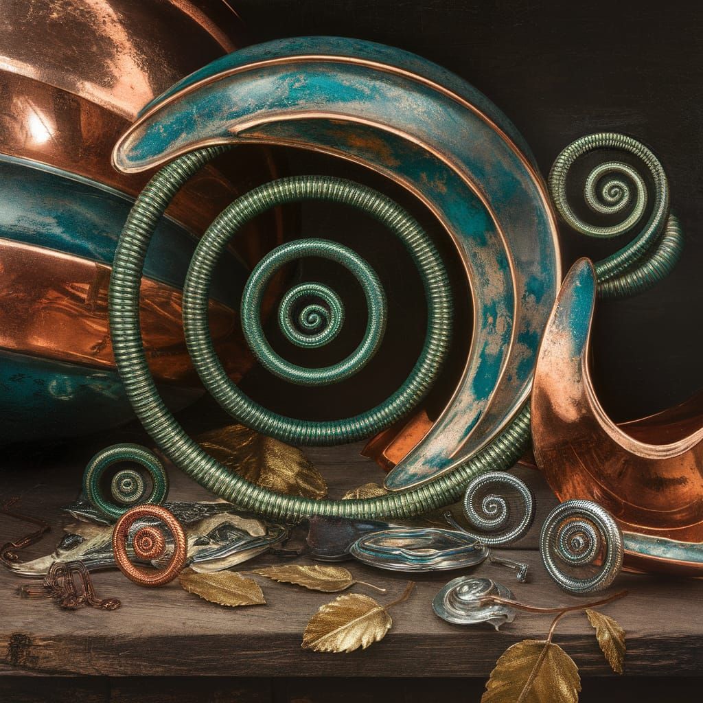 Verdigris Gilt Still Life with Spiraling Copper