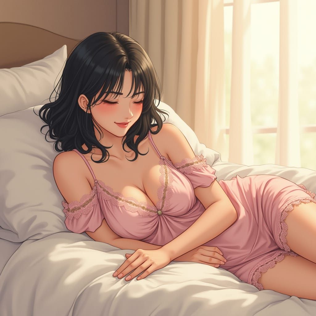 Sensual Japanese Woman in Elegant Loungewear on Plush Bed