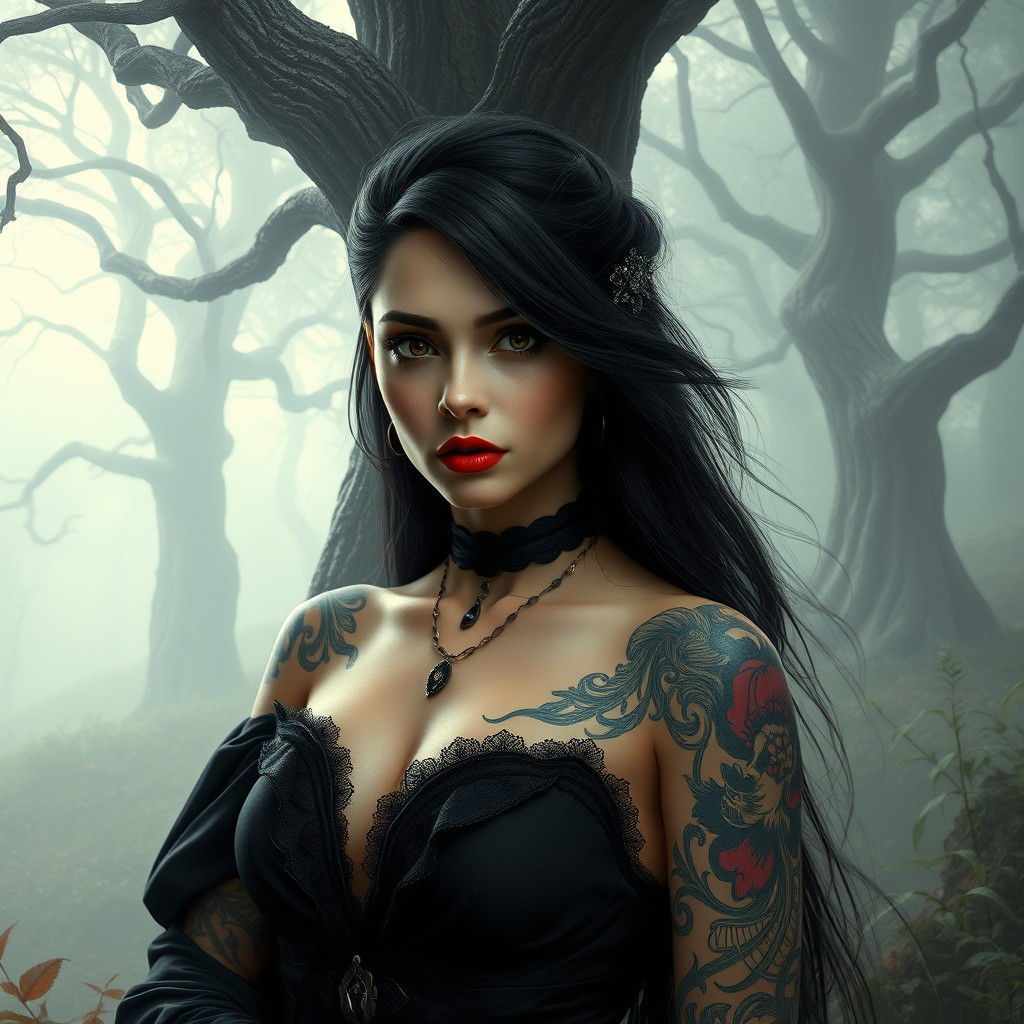 Mystical Woman with Tattoos in Misty Forest