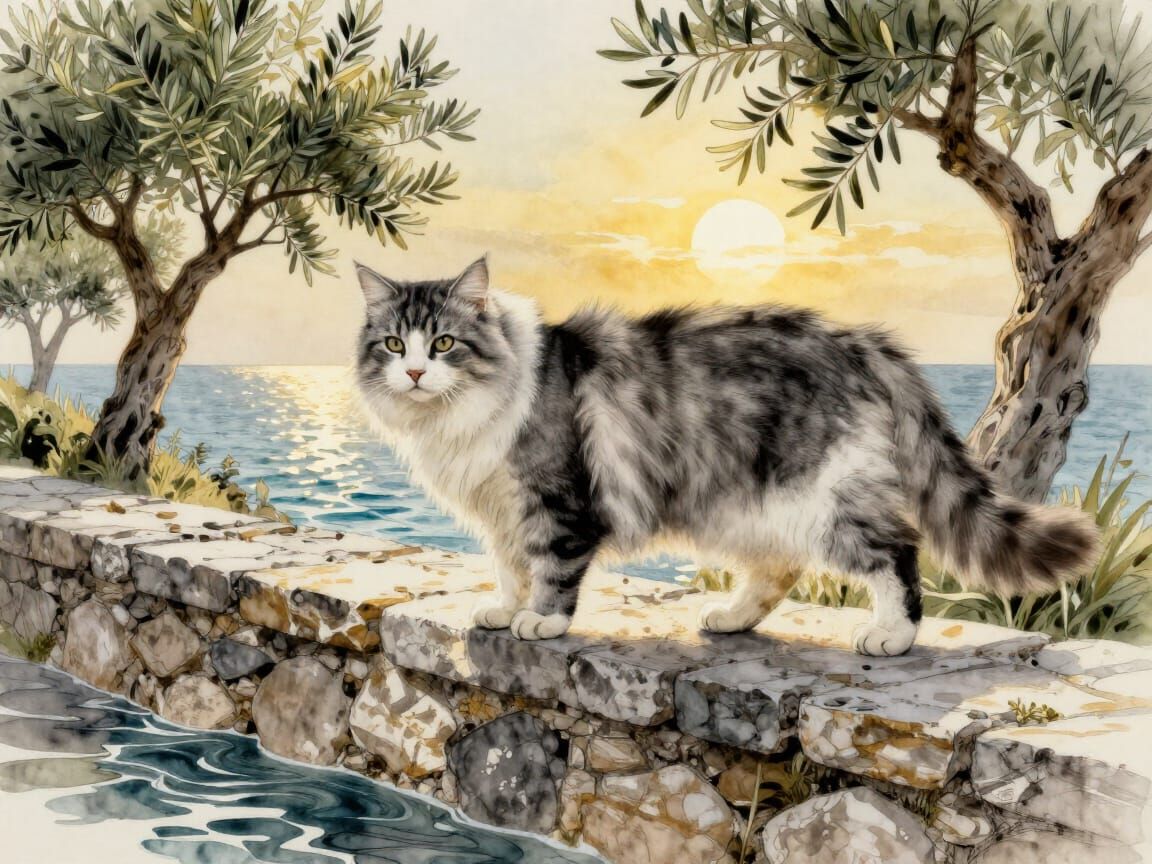 Norwegian Forest Cat on Stone Wall by the Sea in Romantic St...