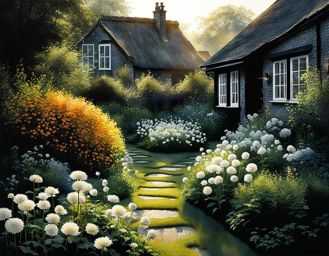 Sunlit Garden Between Dark Houses