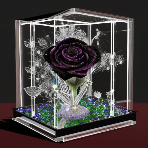Sparkling Black Rose in Glass Box, Cybernetic Art