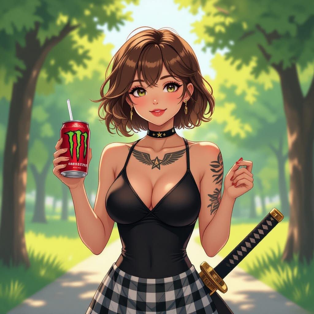 Anime Girl with Sword and Wings in Summer Park