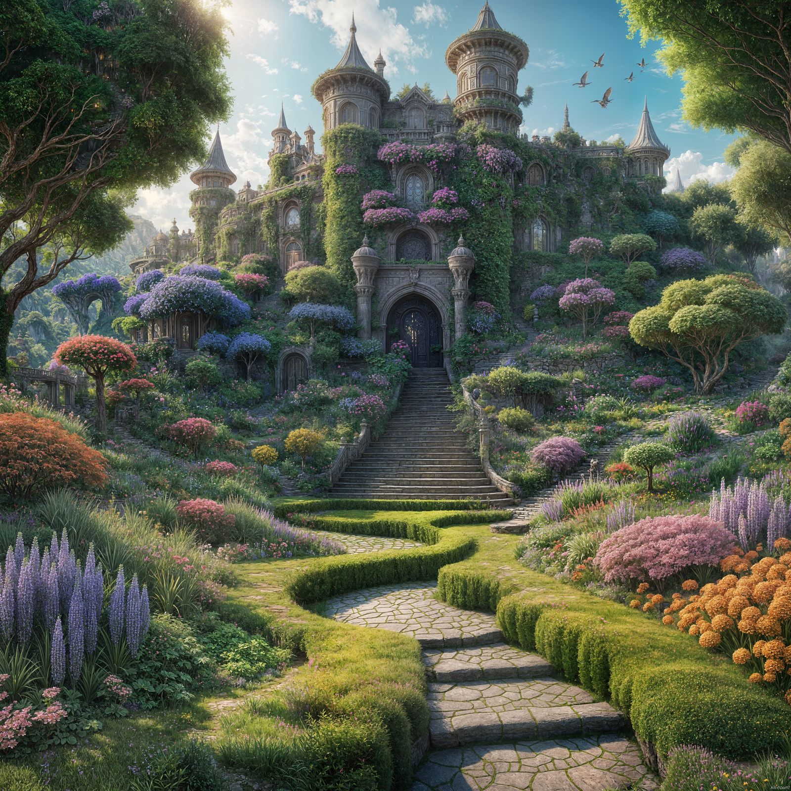 Lush Garden on a Hillside: Fantasy Concept Art