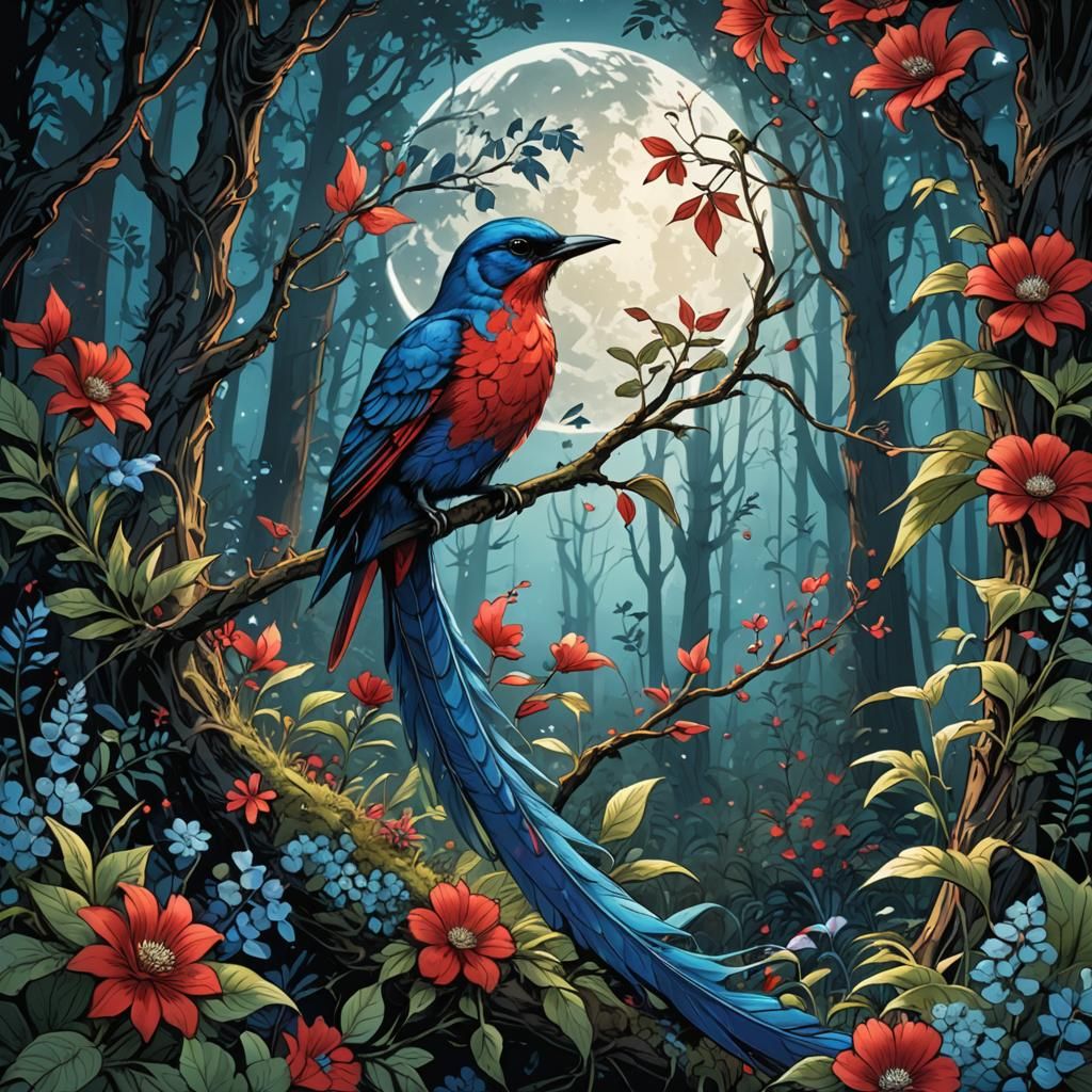 Fantasy Bird on Floral Crescent, Ink Drawing