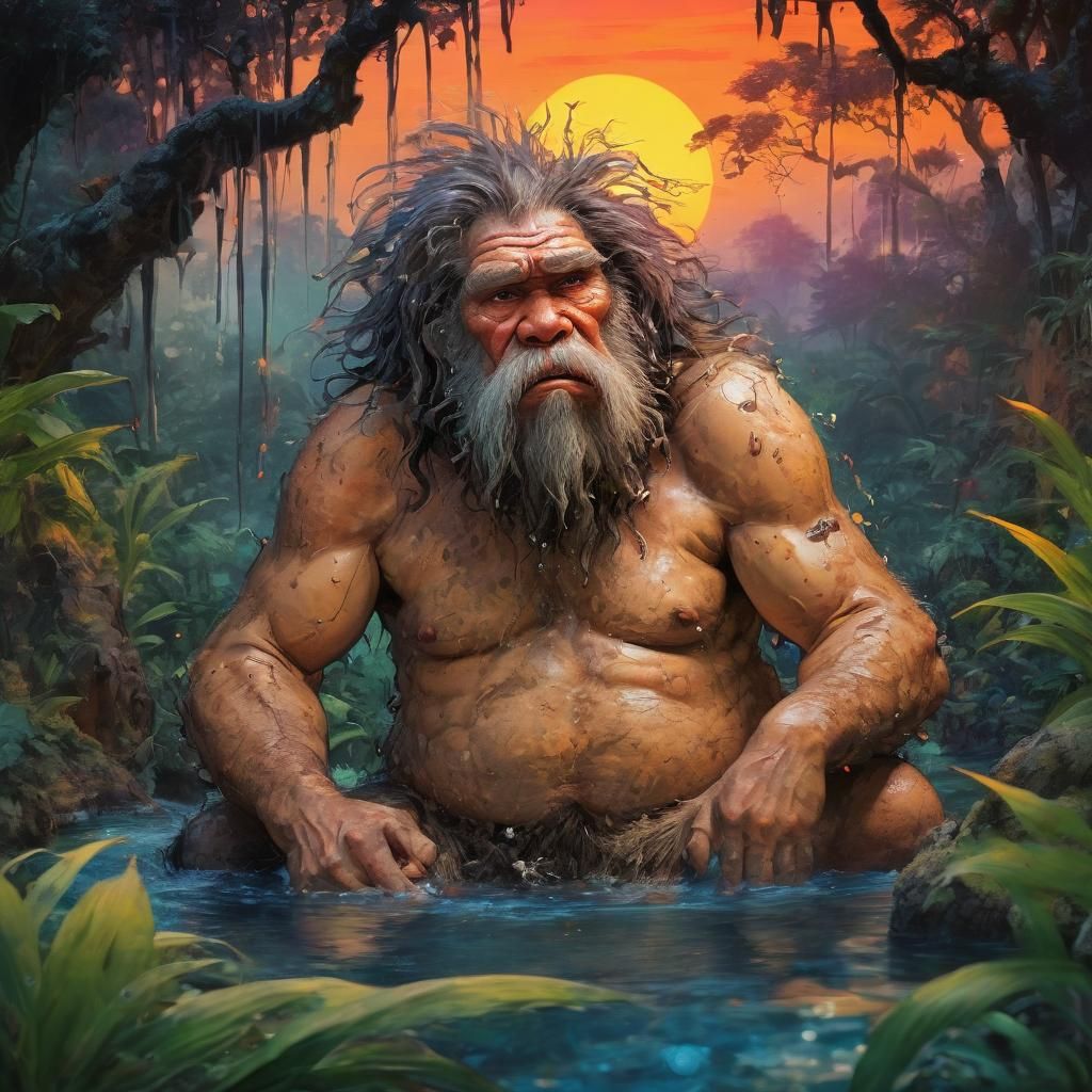Upset Caveman in Sunset Jungle, Alcohol Ink Splash Art
