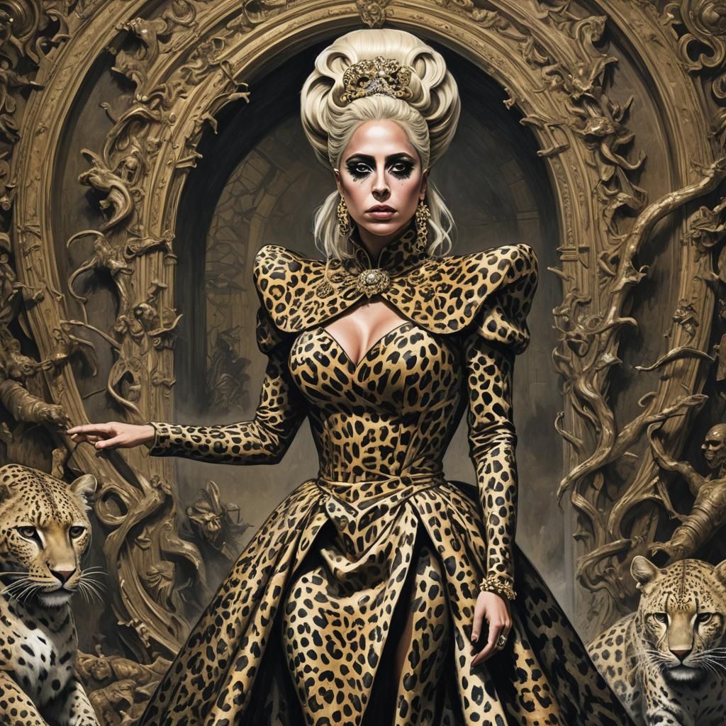 Lady Gaga in Leopard Print Dress, Horror Engraving