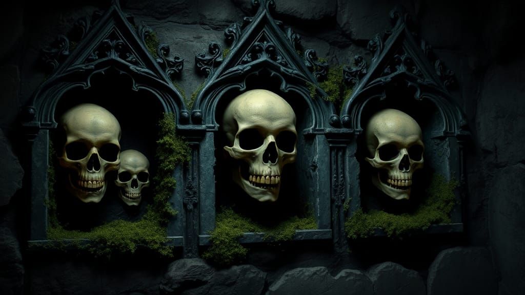 Macabre Skulls in Gothic Crypt: A Haunting Illustration
