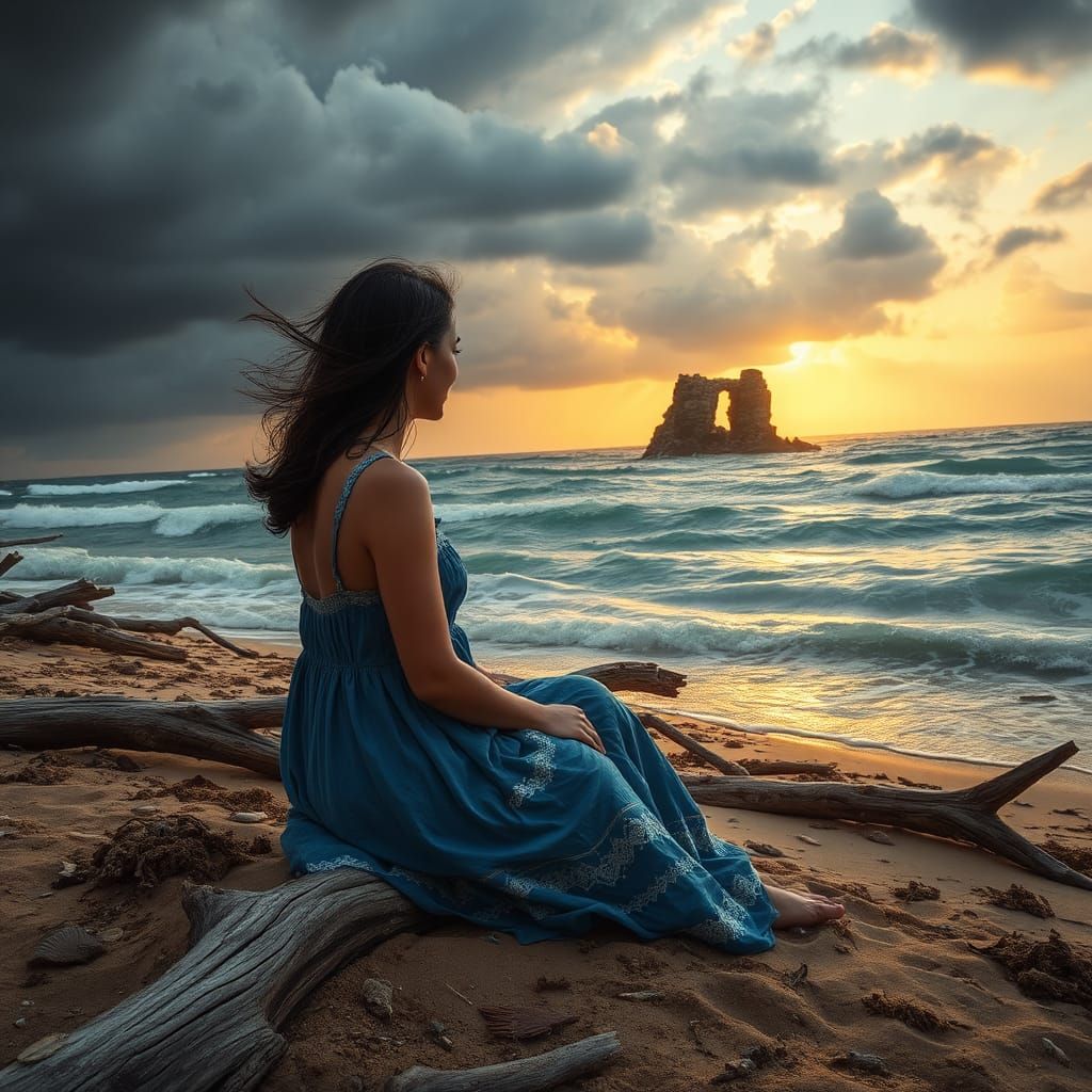 Woman on Beach During Overcast Sunset