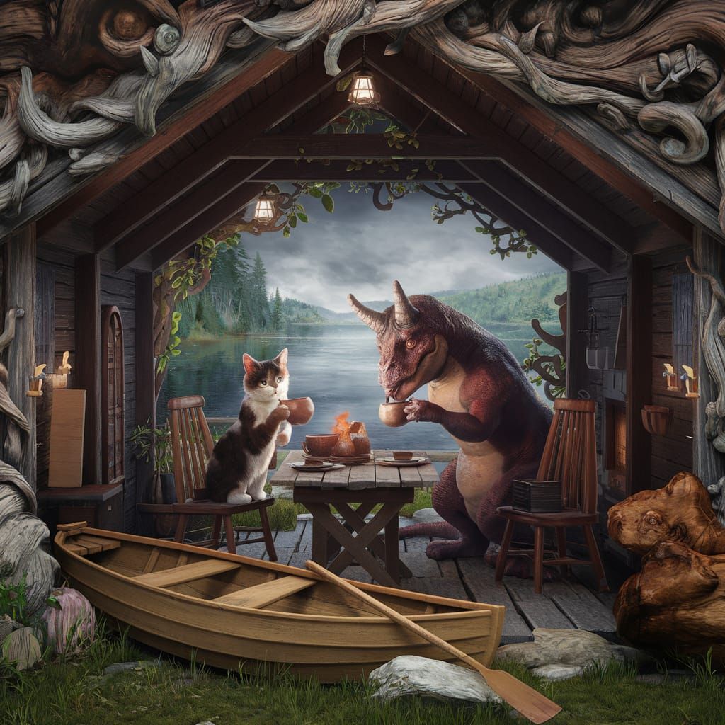 Fantasy Cat and Saurus Cocoa Scene