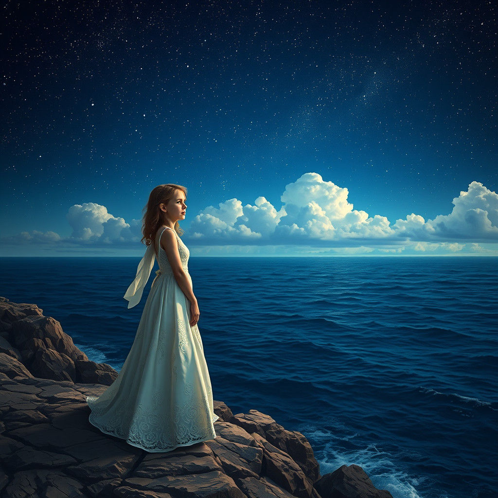 Girl Contemplating Ocean Under Starry Night Sky in Dreamlike...