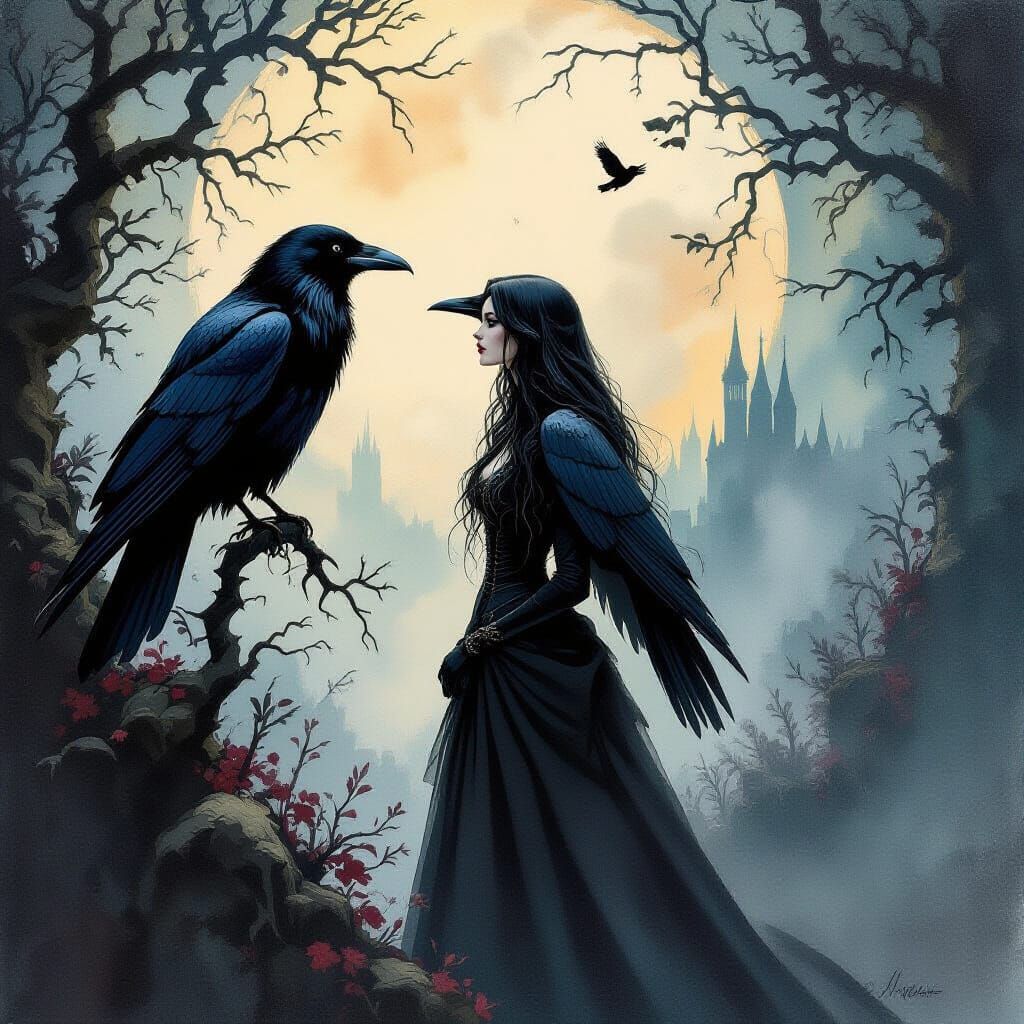 Goth Woman and Raven in Dark Fantasy Gouache Style