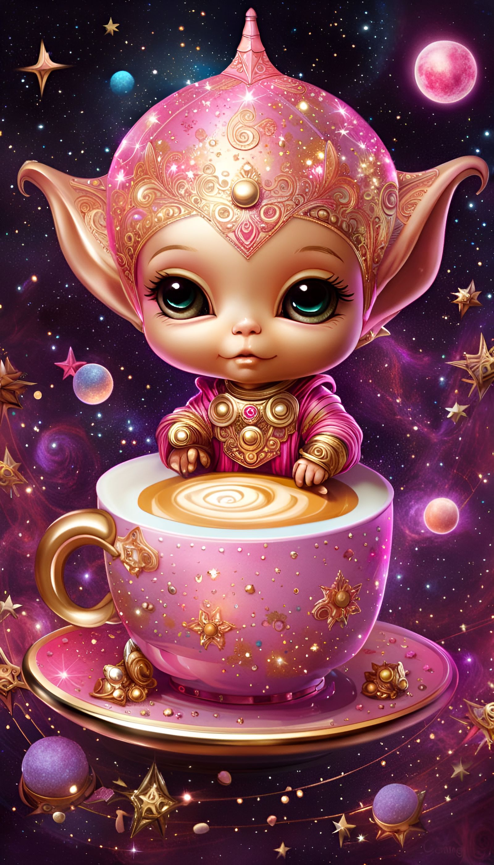 Chibi Baby Alien Enjoys a Cosmic Cappucino