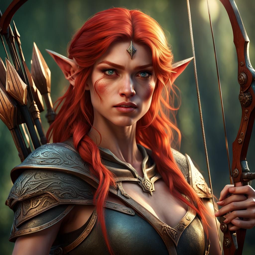 Elf Archer Strikes Foe: Fantasy Art