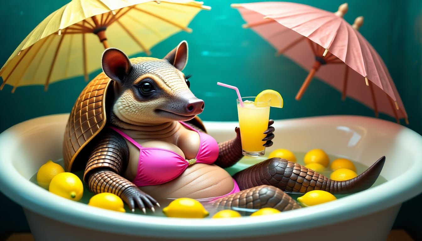 Anthropomorphic Armadillo in Surreal Bath Scene