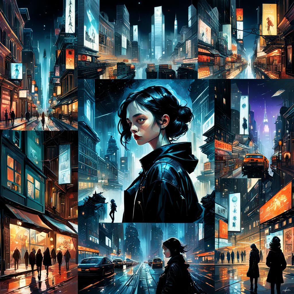 a collage of pictures of a woman in a city at night, inspired by Stephan Martinière, serial art, lois van baarle and ros...