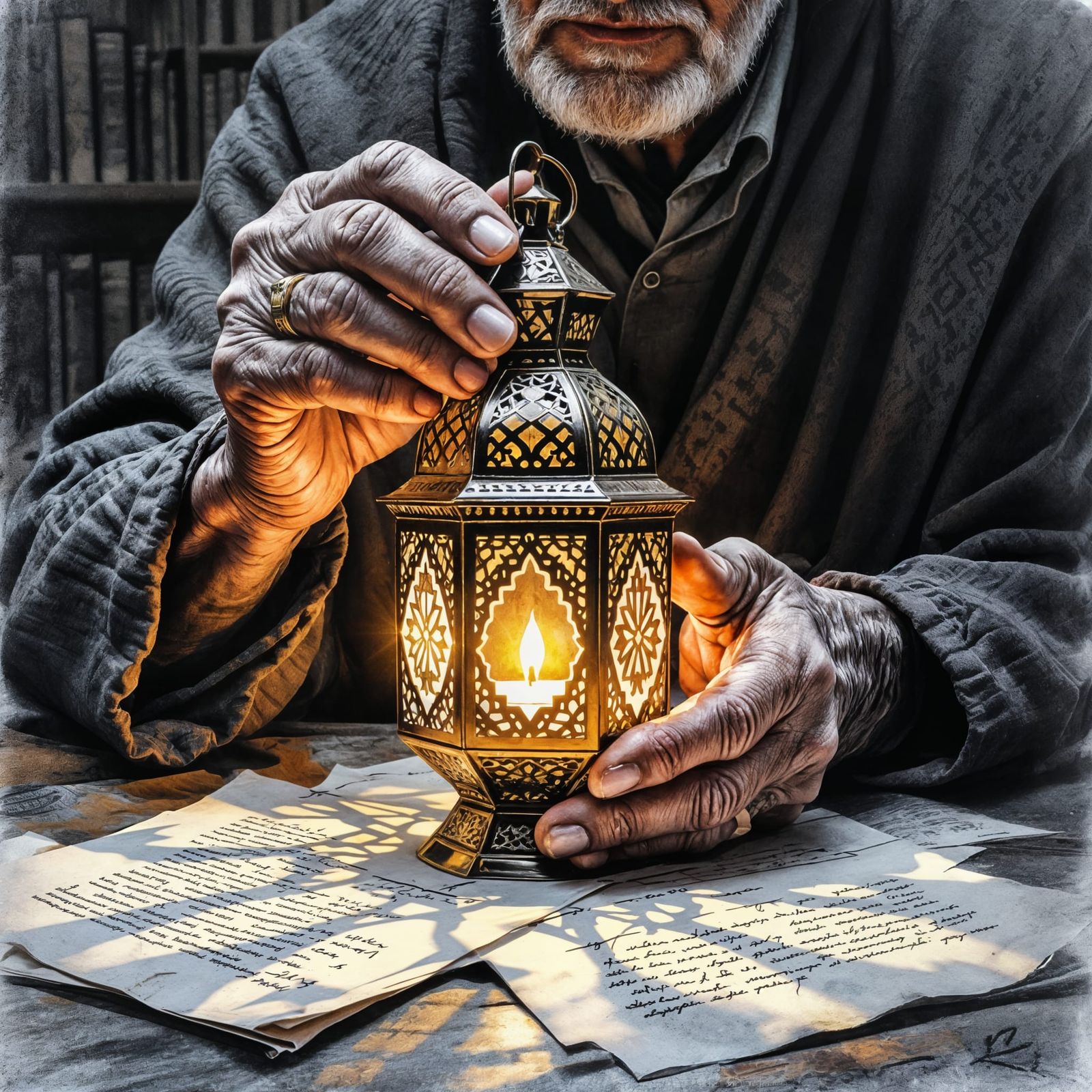 Ornate Lantern Illuminates Curator's Hands