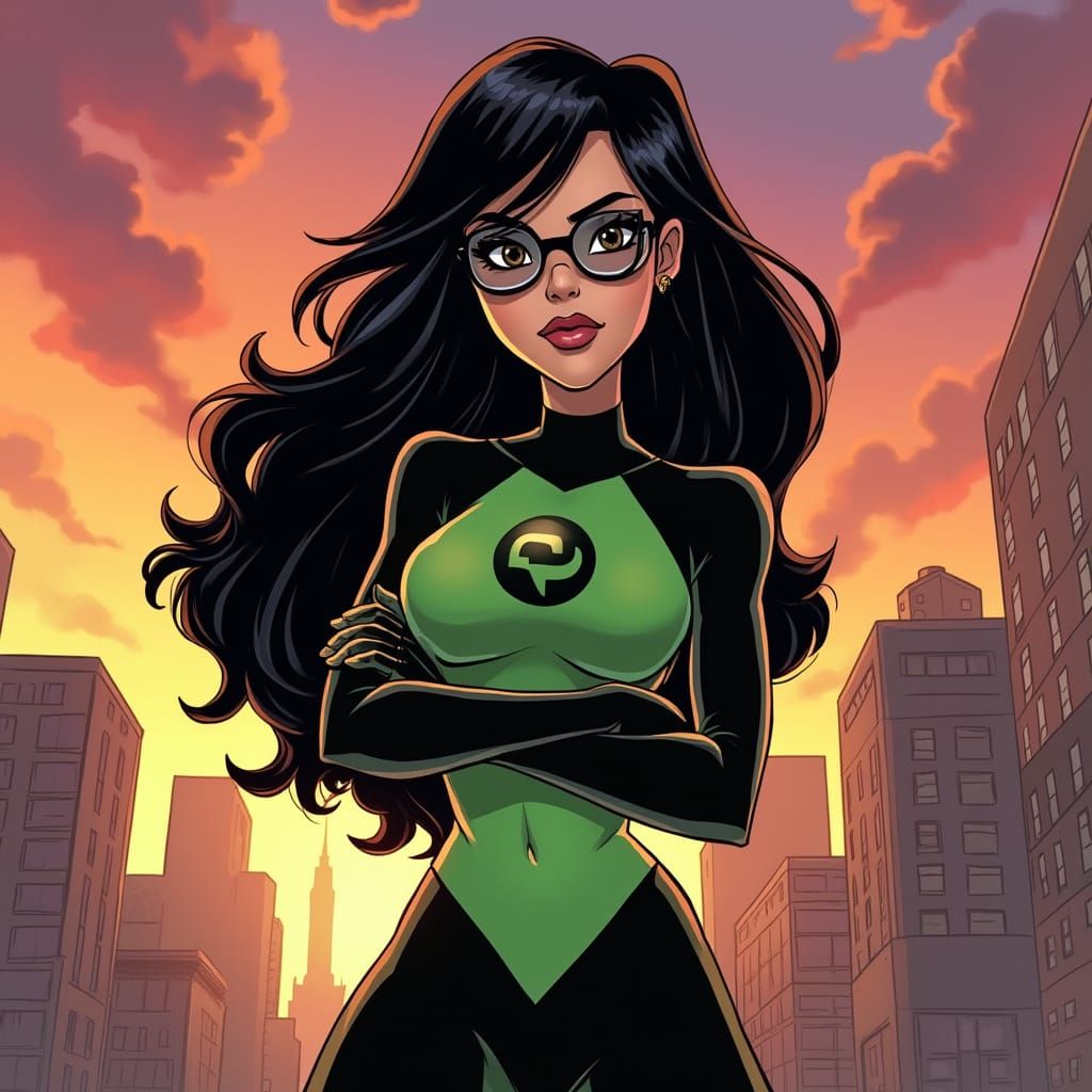 Sultry Green Goddess Dominates City Sunset in Comic Book Art