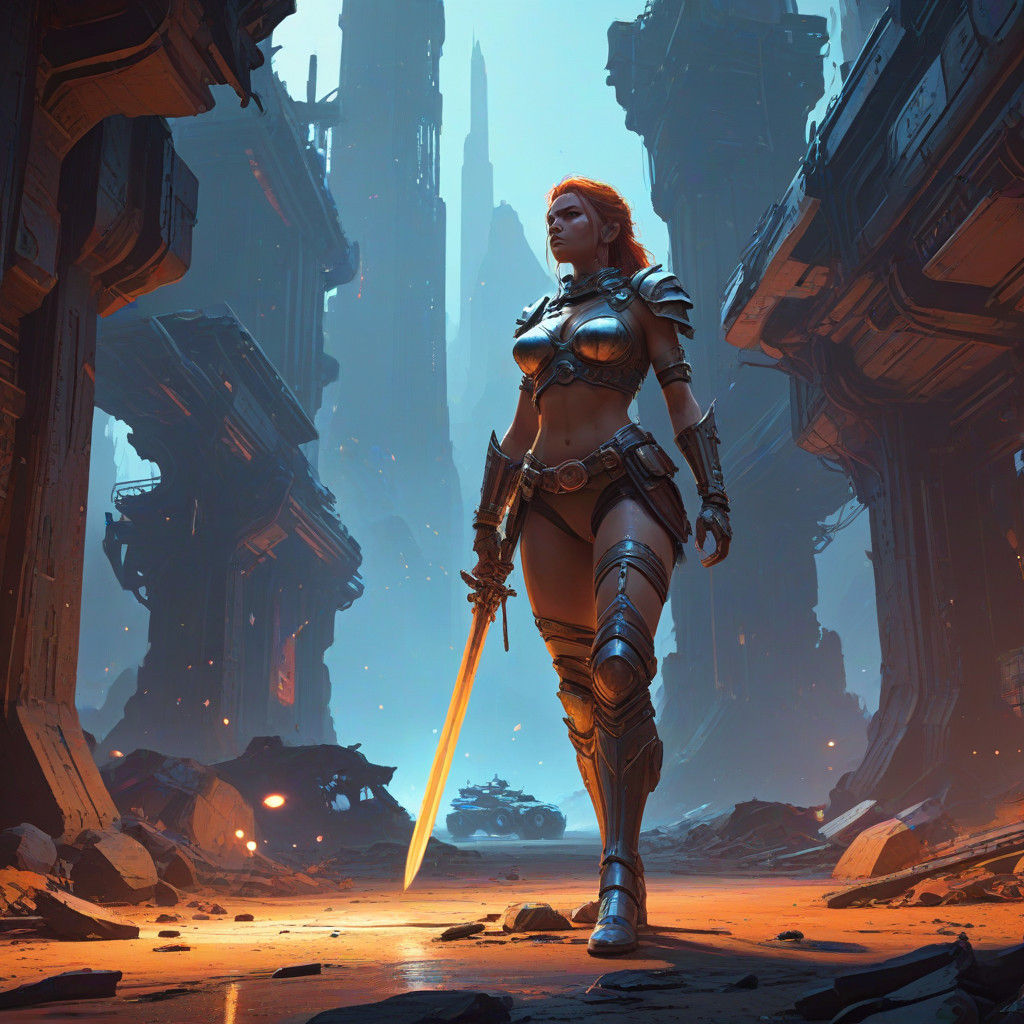 Victorious Barbarian Warrior in Ruined Space Arena