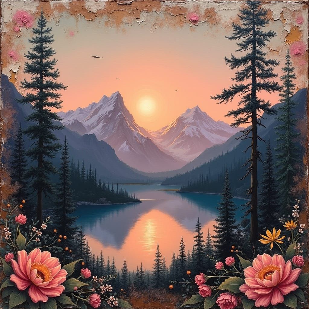 Serene Mountain Sunset Over Calm Lake with Floral Border