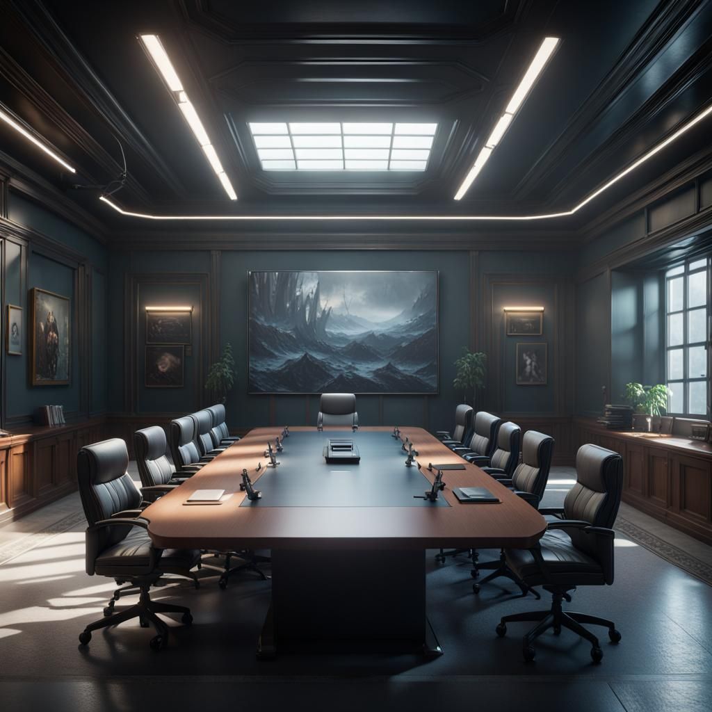 Paranoid Meeting Room in 3D Game Cinematic Style