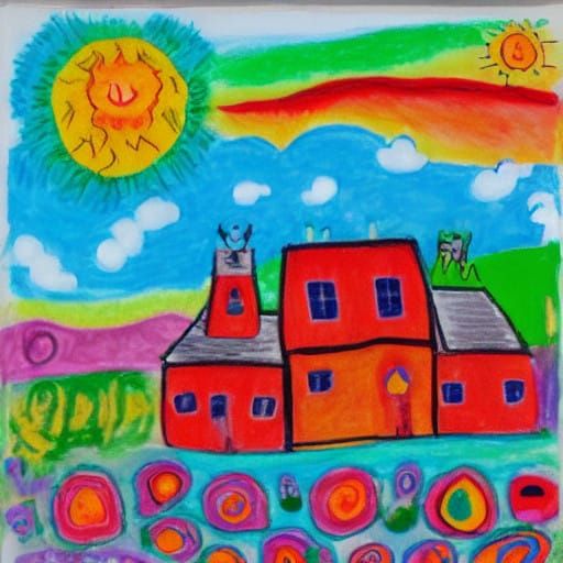 Child's Blissful Summer Scene in Vibrant Crayon Colors