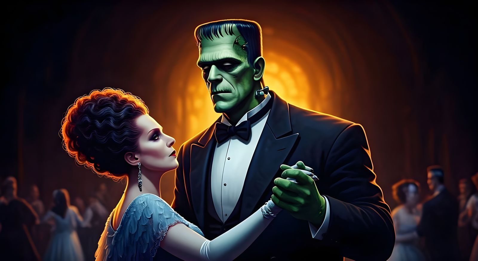 Frankenstein and Wife at the Ball: Hyperrealistic Splash Art