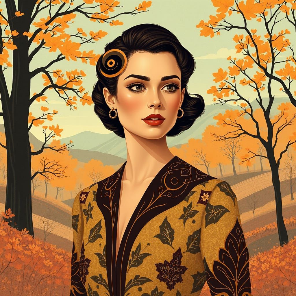 Art Deco Woman in Autumn Landscape, Cel Shaded