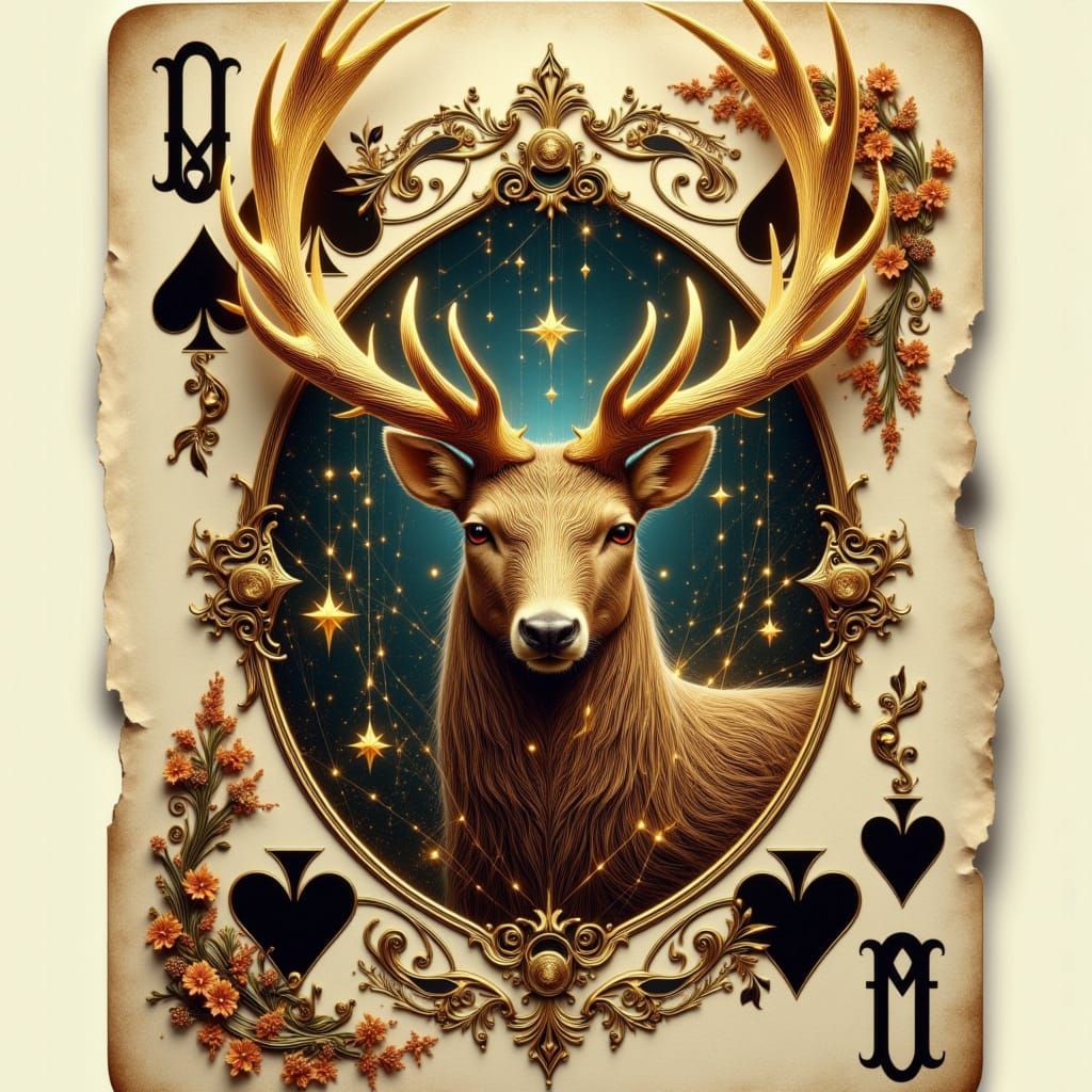 Majestic Stag Emerges from Vintage Playing Card in Classical...