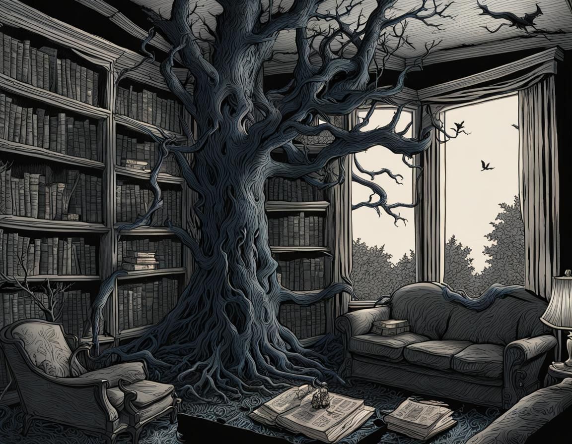 Edward Gorey Style Living Room Ink Drawing