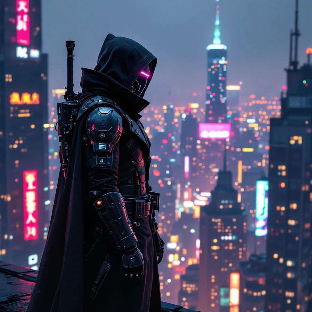 Cyberpunk Warlock Overlooking Neon Cityscape