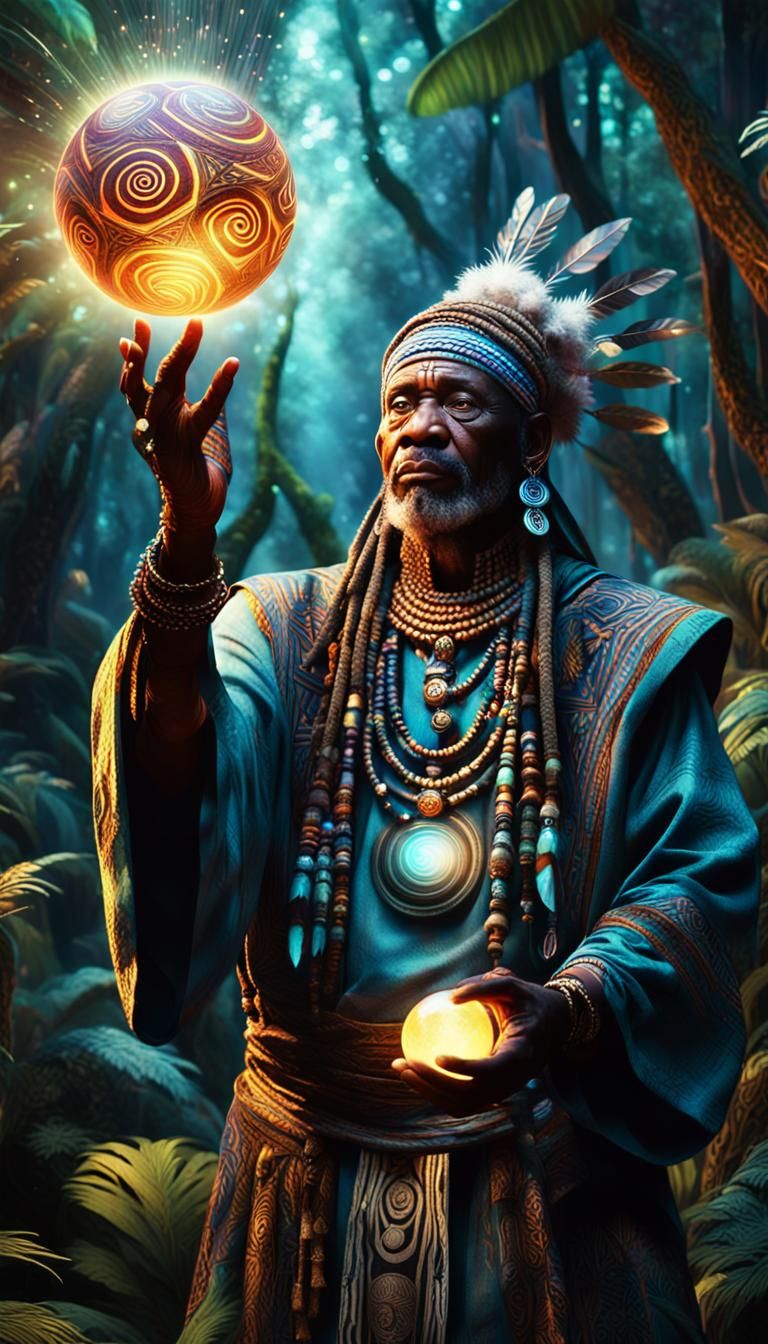Tribal Shaman with Glowing Orb: Digital Art