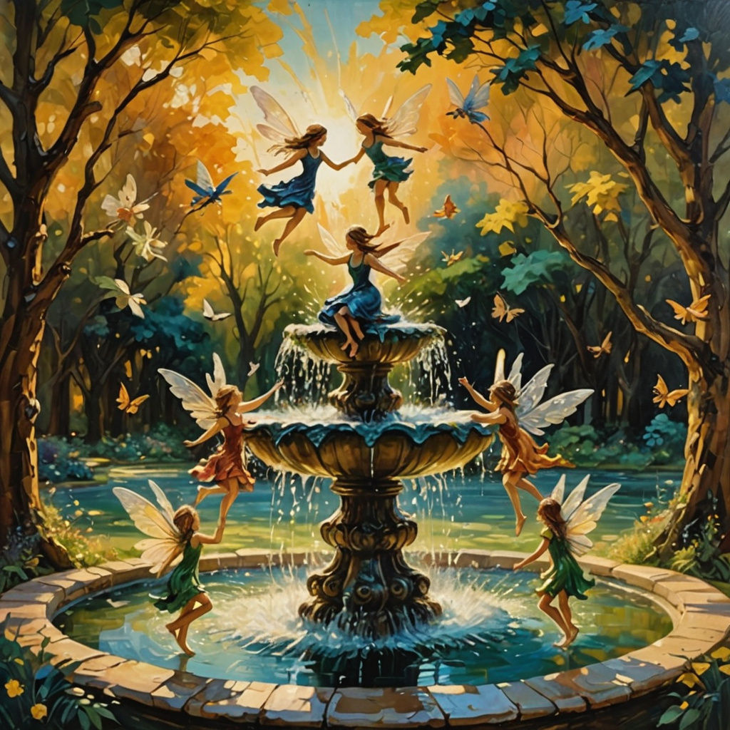 Fairies Flying Around Forest Fountain: Impasto Oil Painting