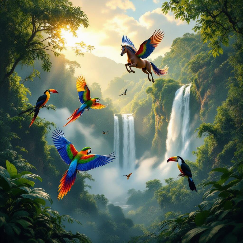 Winged Horse and Tropical Birds in Misty Rainforest Waterfal...