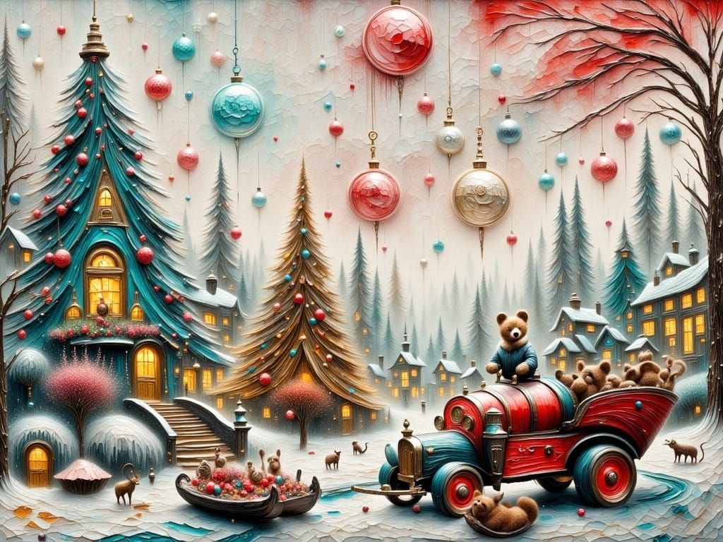 Whimsical Woodland Animals in Snowy Christmas Mountain Scene