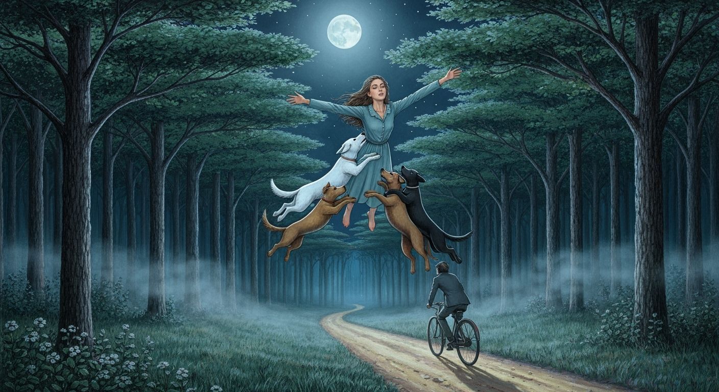 Woman Flies Through Night Forest Pulled by Dogs