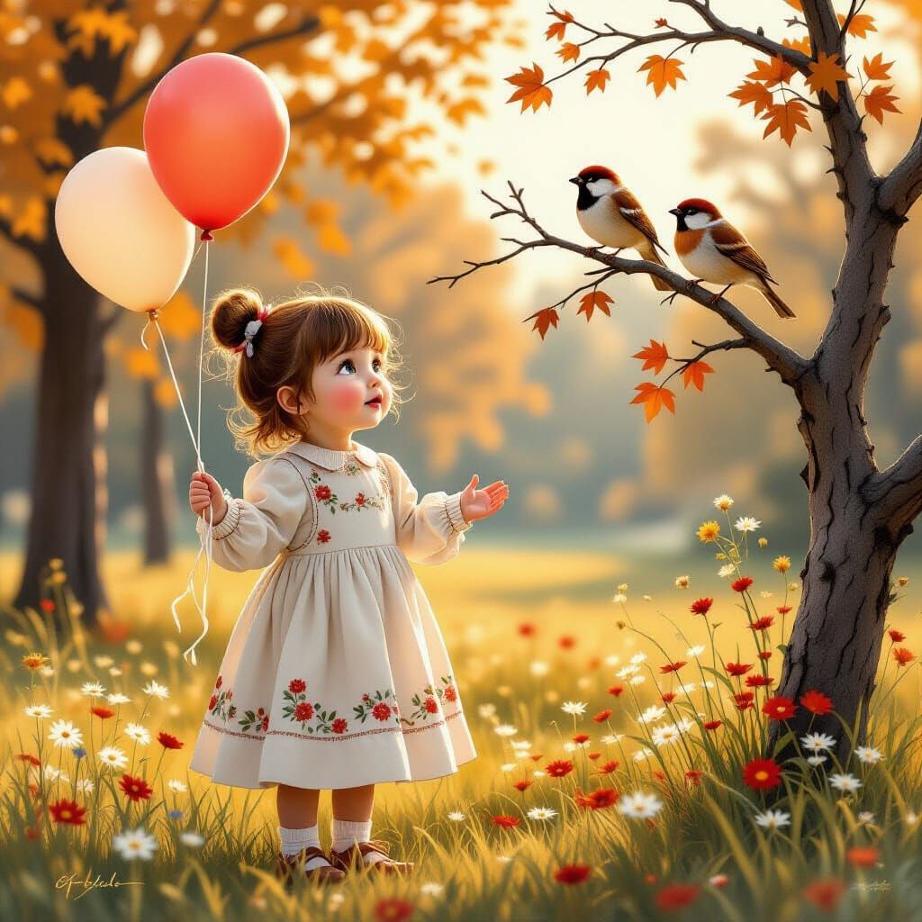 Baroque Pencil Drawing: Girl with Balloon in Autumn Park