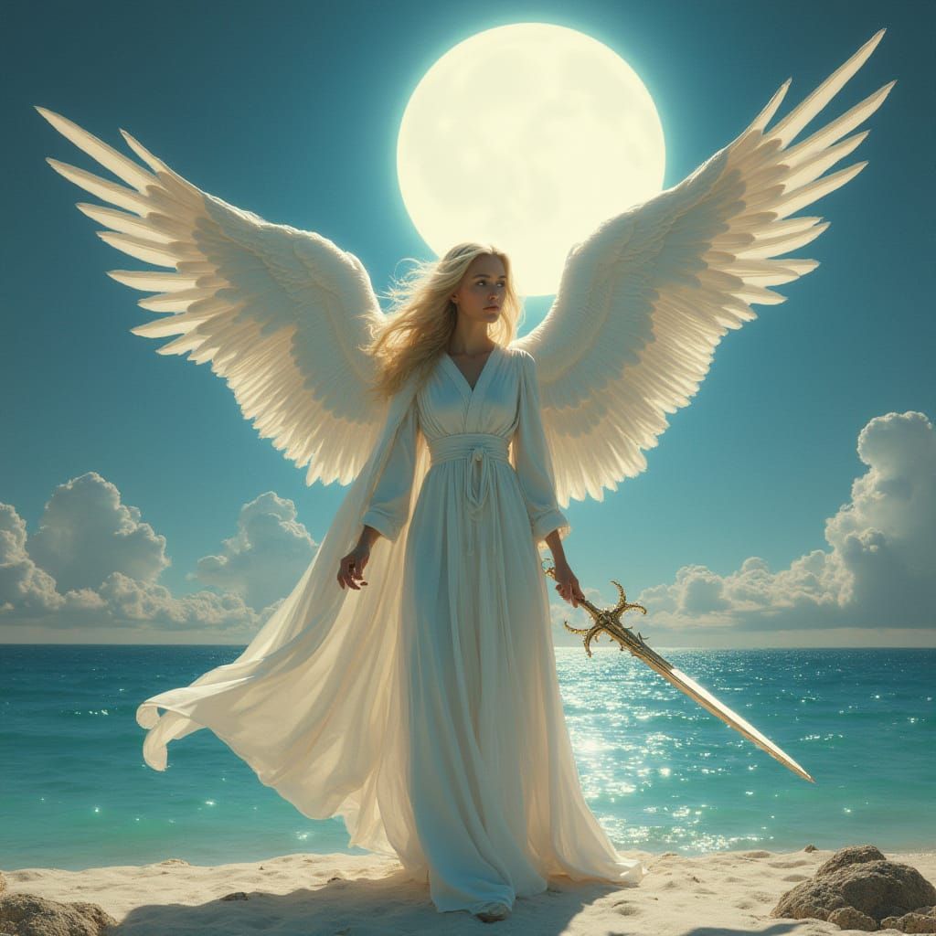 Blonde Angel With Sword Under Radiant Moon