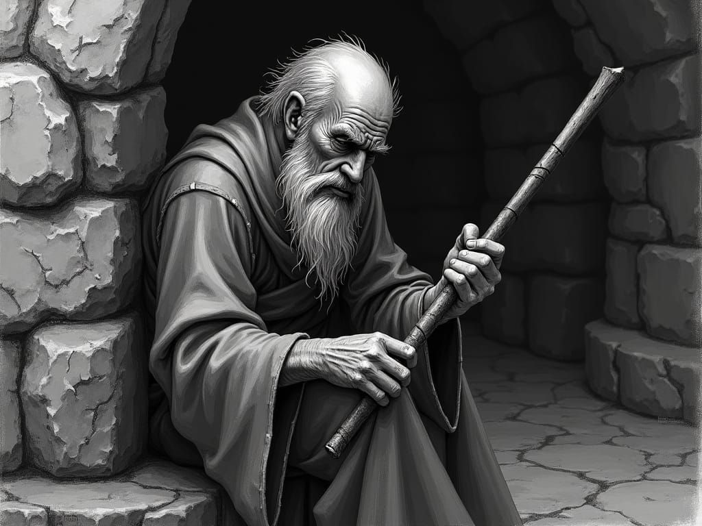 Weary Sorcerer in Dimly Lit Chamber