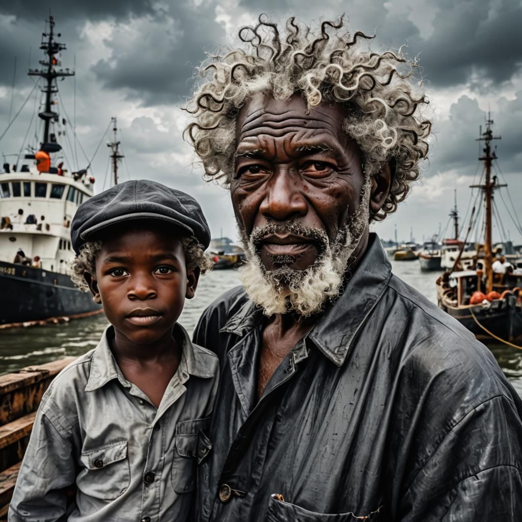Ivory Coast Fisherman and Grandson: Art Deco Glamour