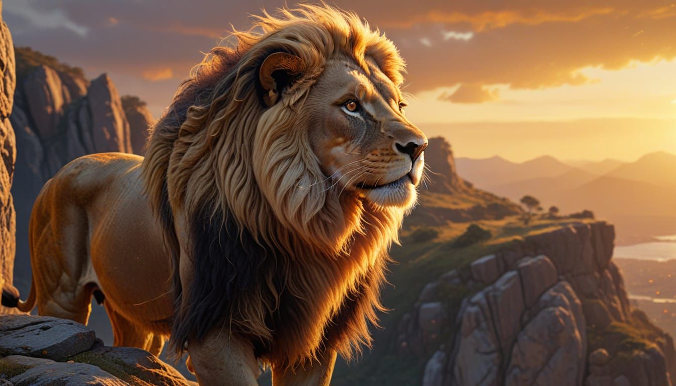 Majestic Lion on Cliff at Sunset in Fantasy Art Style