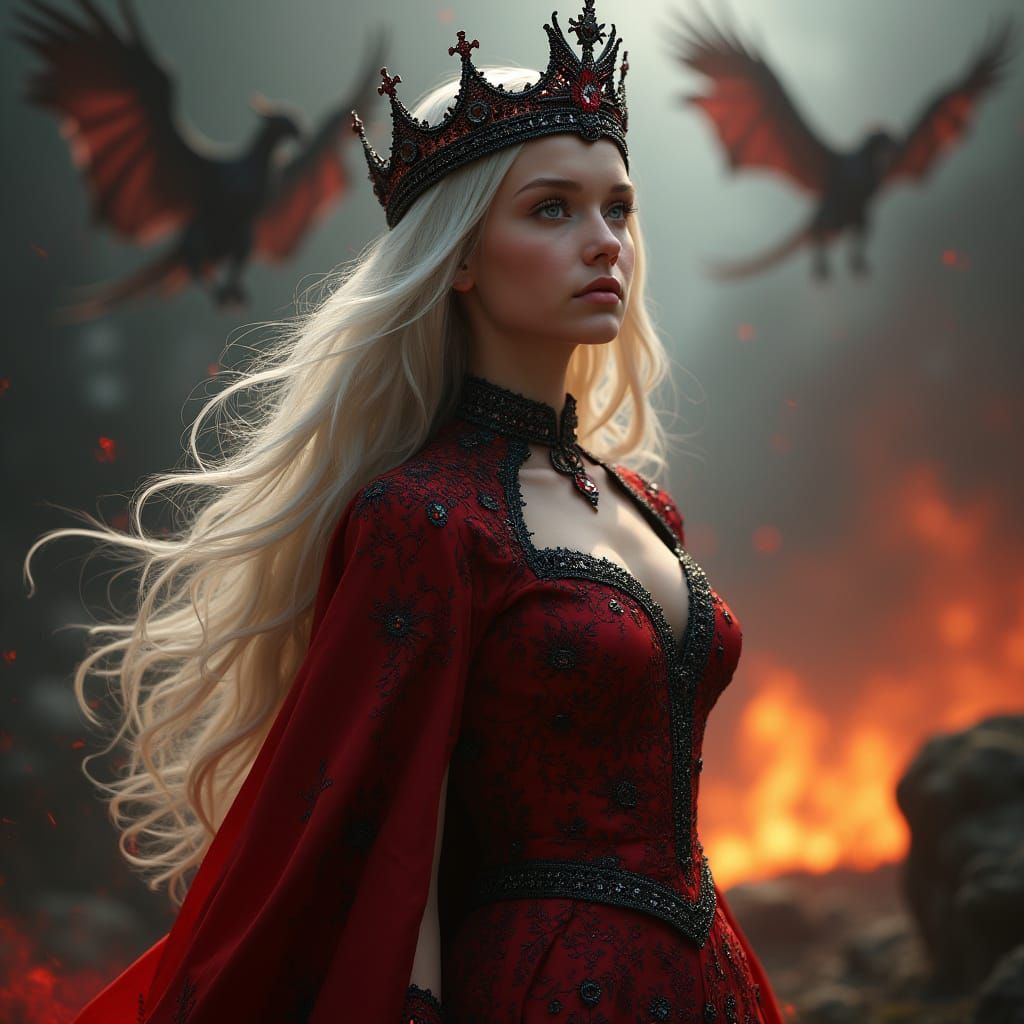 Majestic Queen in Royal Dragon Scale Gown with Long White Ha...