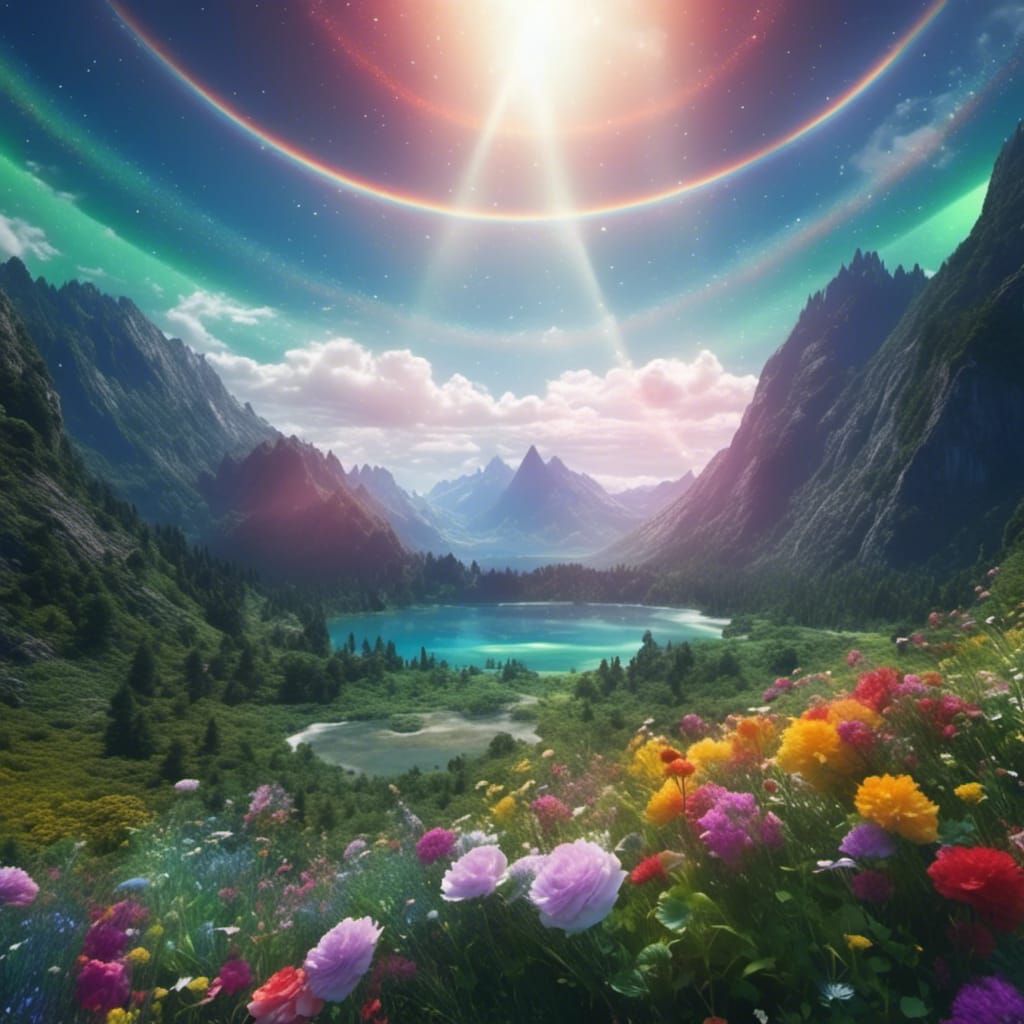 Rainbow Aurora over Flower Field: Photorealistic HD